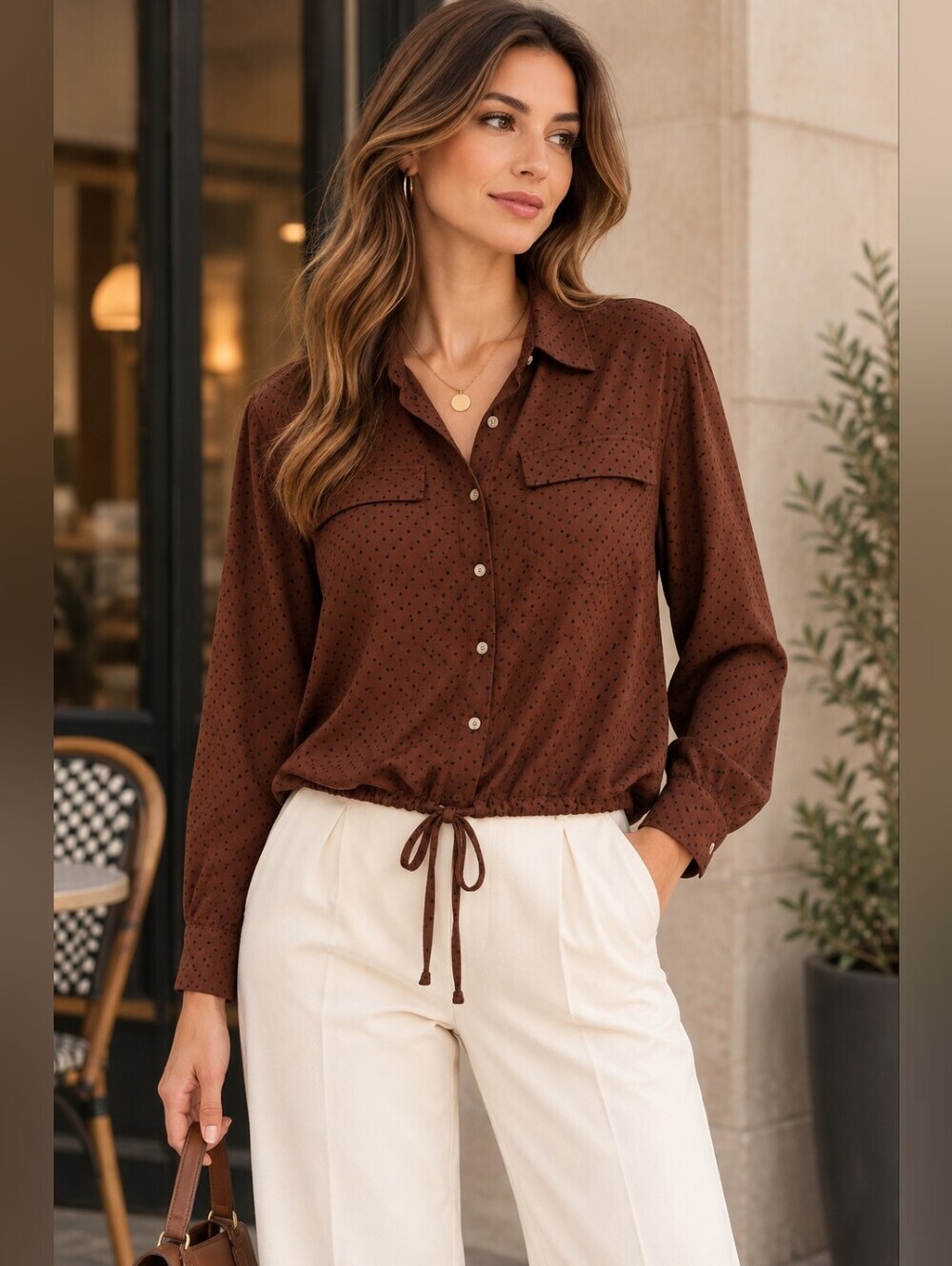 Zara Chocolate Brown Polka Dot Drawstring Blouse M